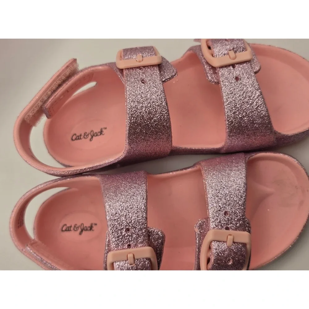 Cat & Jack Girls Pink Glitter Double Strap Buckle Sandals Size 10 093111288